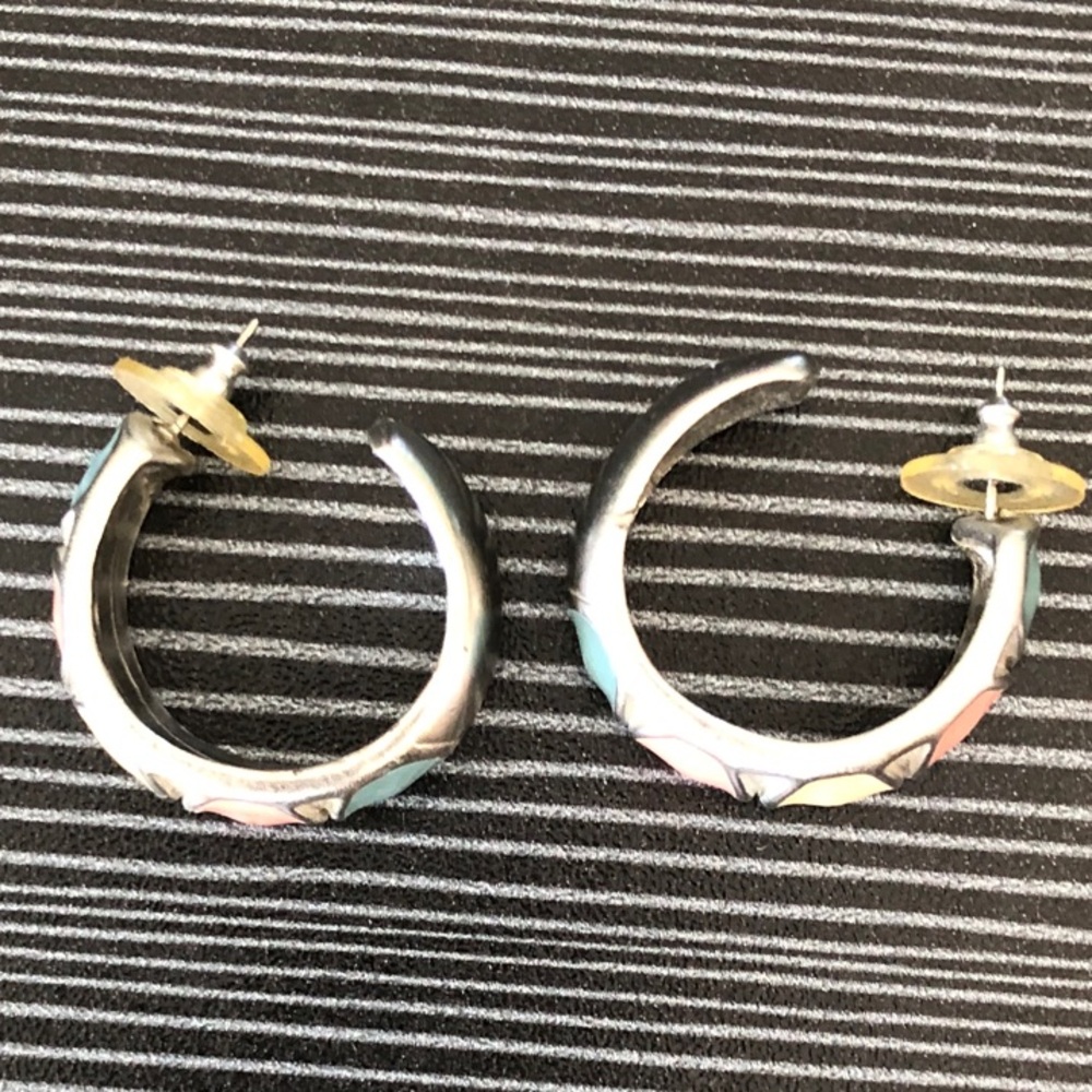 Silver Hoop Earrings with Pastel Inlay - Women Jewelry